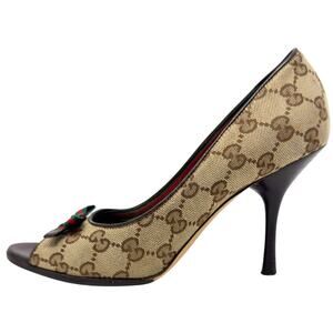 Gucci GG Guccissima Supreme Canvas Red Green Web Ophidia Bow Peep Toe Heels 36.5
